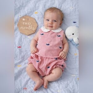 Anavini Hand Smocked 2-Piece Whale Seersucker Set 3M Red White